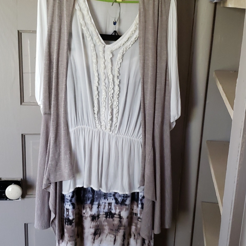Ladies ruffle blouse, maxi skirt,vest